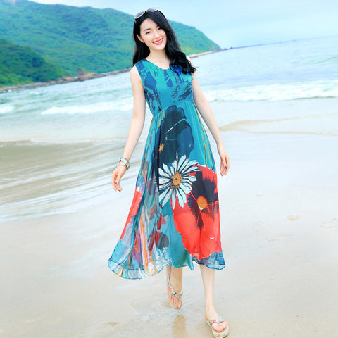 Bohemian Sleeveless Chiffon Floral Printed Large Size Beach Swing Skirt Mid Length Dress