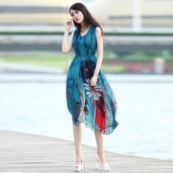 Bohemian Sleeveless Chiffon Floral Printed Large Size Beach Swing Skirt Mid Length Dress