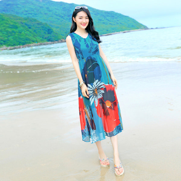 Bohemian Sleeveless Chiffon Floral Printed Large Size Beach Swing Skirt Mid Length Dress