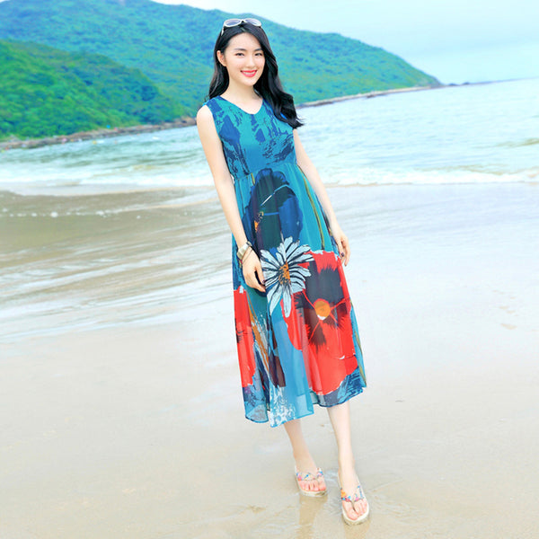 Bohemian Sleeveless Chiffon Floral Printed Large Size Beach Swing Skirt Mid Length Dress