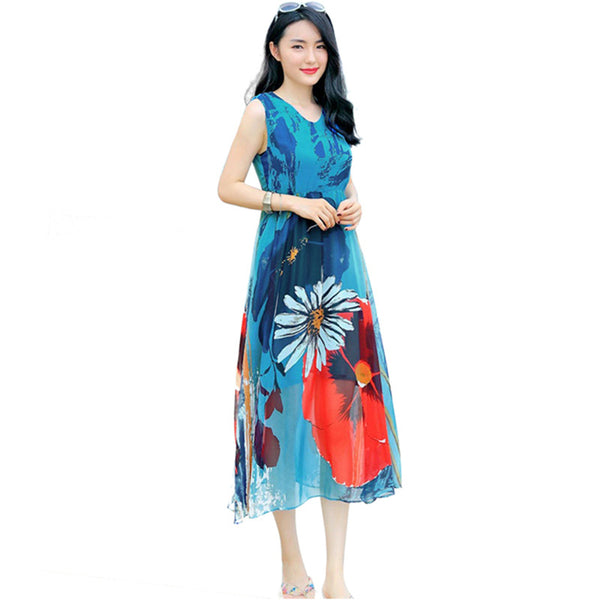 Bohemian Sleeveless Chiffon Floral Printed Large Size Beach Swing Skirt Mid Length Dress