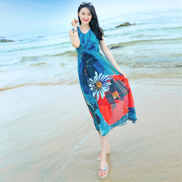 Bohemian Sleeveless Chiffon Floral Printed Large Size Beach Swing Skirt Mid Length Dress