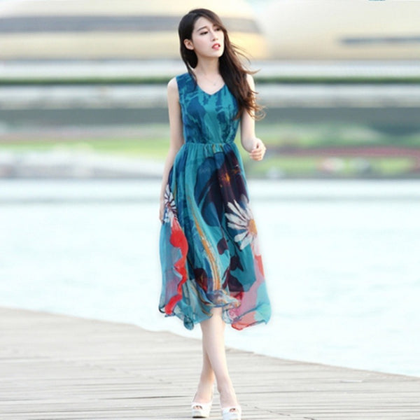 Bohemian Sleeveless Chiffon Floral Printed Large Size Beach Swing Skirt Mid Length Dress