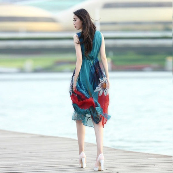 Bohemian Sleeveless Chiffon Floral Printed Large Size Beach Swing Skirt Mid Length Dress