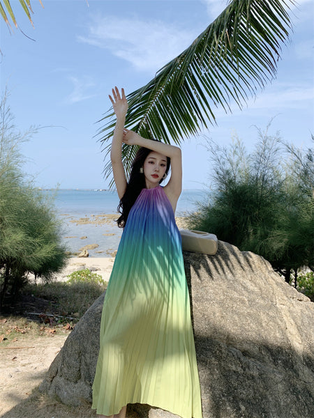 Fairy Seaside Gradient Colorful Halter Neck Spaghetti Strap Skirt Loose Big Swing Beach Skirt Pleated Dress