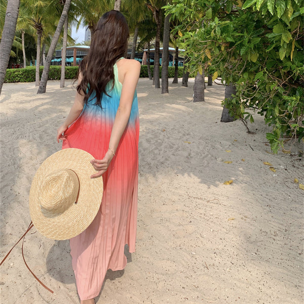 Fairy Seaside Gradient Colorful Halter Neck Spaghetti Strap Skirt Loose Big Swing Beach Skirt Pleated Dress