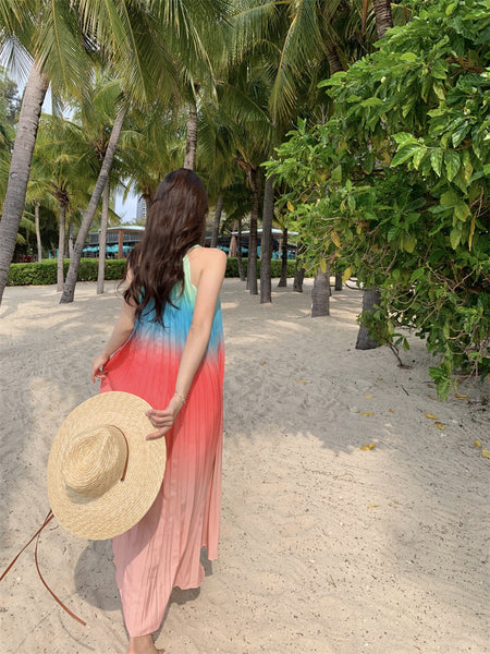 Fairy Seaside Gradient Colorful Halter Neck Spaghetti Strap Skirt Loose Big Swing Beach Skirt Pleated Dress