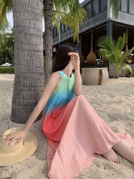 Fairy Seaside Gradient Colorful Halter Neck Spaghetti Strap Skirt Loose Big Swing Beach Skirt Pleated Dress
