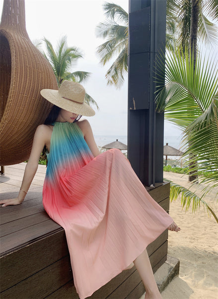 Fairy Seaside Gradient Colorful Halter Neck Spaghetti Strap Skirt Loose Big Swing Beach Skirt Pleated Dress