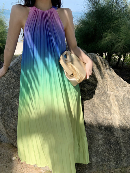 Fairy Seaside Gradient Colorful Halter Neck Spaghetti Strap Skirt Loose Big Swing Beach Skirt Pleated Dress