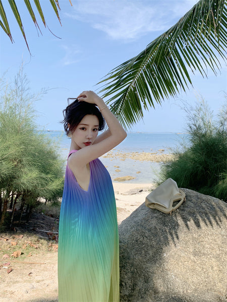 Fairy Seaside Gradient Colorful Halter Neck Spaghetti Strap Skirt Loose Big Swing Beach Skirt Pleated Dress