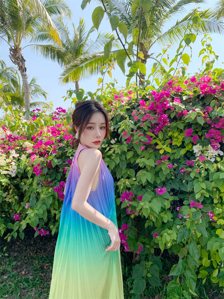 Fairy Seaside Gradient Colorful Halter Neck Spaghetti Strap Skirt Loose Big Swing Beach Skirt Pleated Dress