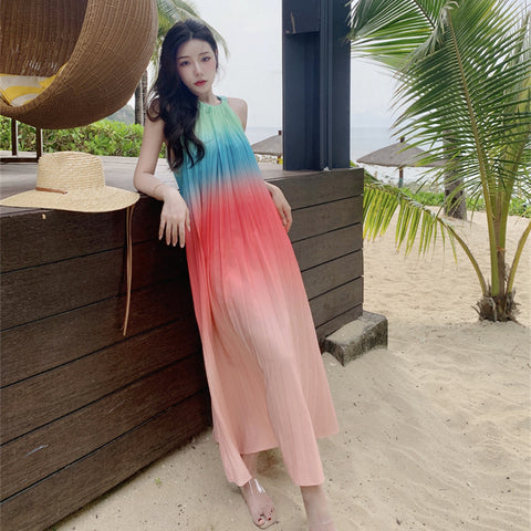 Fairy Seaside Gradient Colorful Halter Neck Spaghetti Strap Skirt Loose Big Swing Beach Skirt Pleated Dress