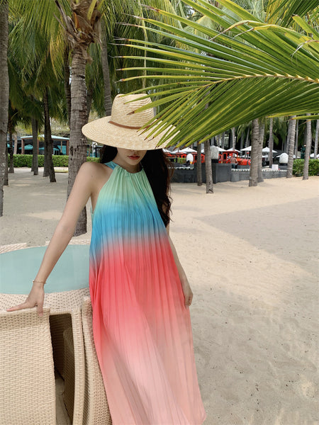 Fairy Seaside Gradient Colorful Halter Neck Spaghetti Strap Skirt Loose Big Swing Beach Skirt Pleated Dress