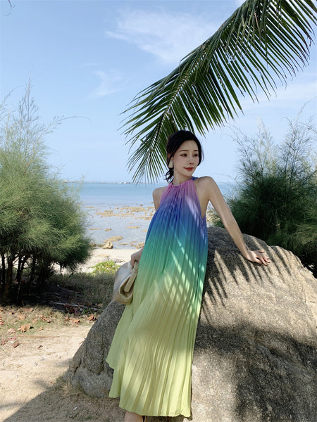 Fairy Seaside Gradient Colorful Halter Neck Spaghetti Strap Skirt Loose Big Swing Beach Skirt Pleated Dress