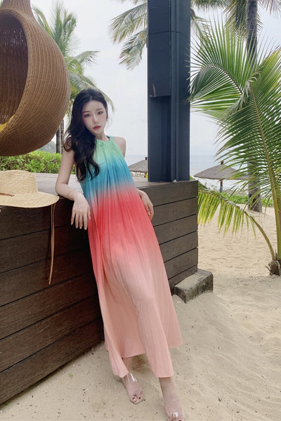 Fairy Seaside Gradient Colorful Halter Neck Spaghetti Strap Skirt Loose Big Swing Beach Skirt Pleated Dress