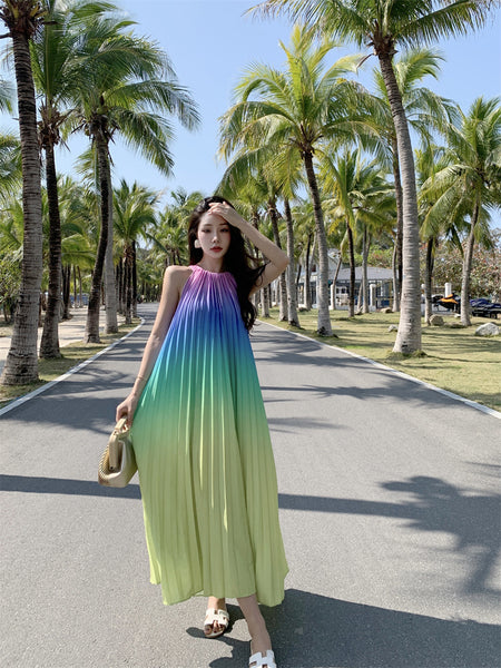 Fairy Seaside Gradient Colorful Halter Neck Spaghetti Strap Skirt Loose Big Swing Beach Skirt Pleated Dress