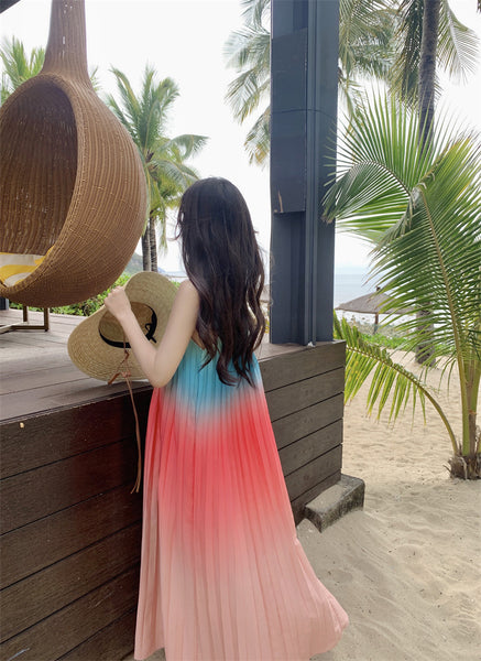 Fairy Seaside Gradient Colorful Halter Neck Spaghetti Strap Skirt Loose Big Swing Beach Skirt Pleated Dress