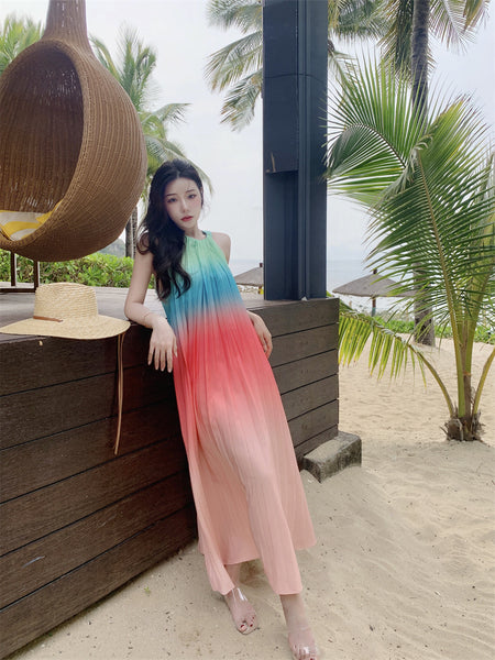 Fairy Seaside Gradient Colorful Halter Neck Spaghetti Strap Skirt Loose Big Swing Beach Skirt Pleated Dress