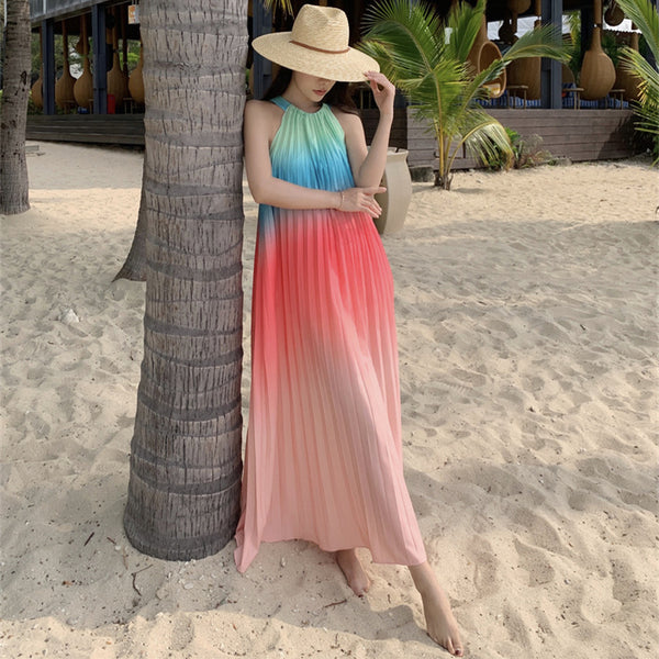 Fairy Seaside Gradient Colorful Halter Neck Spaghetti Strap Skirt Loose Big Swing Beach Skirt Pleated Dress