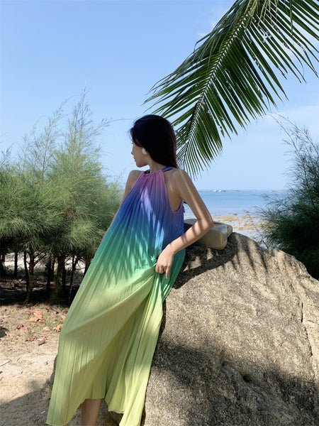 Fairy Seaside Gradient Colorful Halter Neck Spaghetti Strap Skirt Loose Big Swing Beach Skirt Pleated Dress