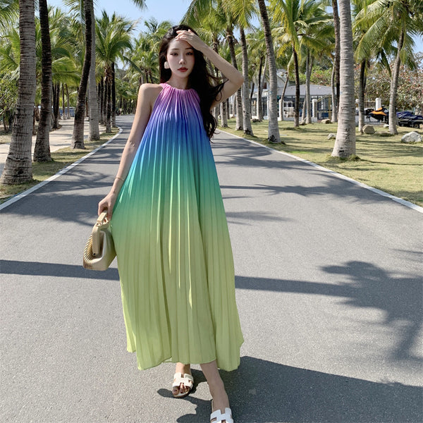 Fairy Seaside Gradient Colorful Halter Neck Spaghetti Strap Skirt Loose Big Swing Beach Skirt Pleated Dress