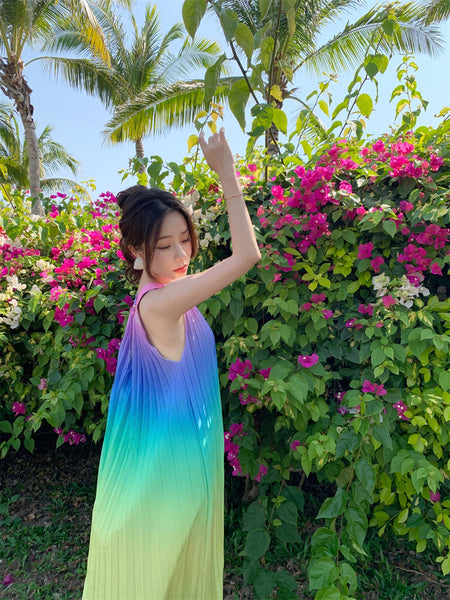 Fairy Seaside Gradient Colorful Halter Neck Spaghetti Strap Skirt Loose Big Swing Beach Skirt Pleated Dress
