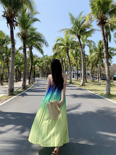Fairy Seaside Gradient Colorful Halter Neck Spaghetti Strap Skirt Loose Big Swing Beach Skirt Pleated Dress