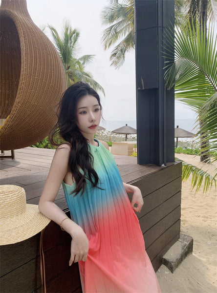 Fairy Seaside Gradient Colorful Halter Neck Spaghetti Strap Skirt Loose Big Swing Beach Skirt Pleated Dress