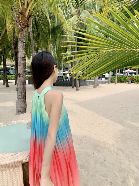 Fairy Seaside Gradient Colorful Halter Neck Spaghetti Strap Skirt Loose Big Swing Beach Skirt Pleated Dress