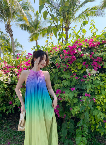 Fairy Seaside Gradient Colorful Halter Neck Spaghetti Strap Skirt Loose Big Swing Beach Skirt Pleated Dress