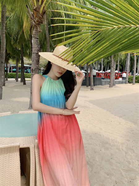 Fairy Seaside Gradient Colorful Halter Neck Spaghetti Strap Skirt Loose Big Swing Beach Skirt Pleated Dress