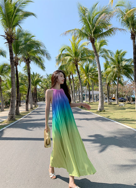 Fairy Seaside Gradient Colorful Halter Neck Spaghetti Strap Skirt Loose Big Swing Beach Skirt Pleated Dress
