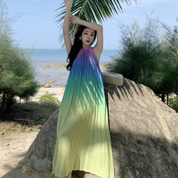 Fairy Seaside Gradient Colorful Halter Neck Spaghetti Strap Skirt Loose Big Swing Beach Skirt Pleated Dress