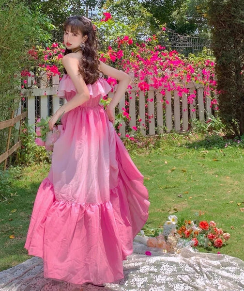 Lovely Amazing Off Shoulder Gradient Color Change Long Tube Top Ruffle Hem Dress