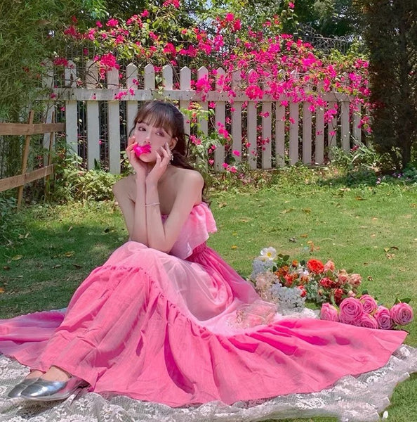 Lovely Amazing Off Shoulder Gradient Color Change Long Tube Top Ruffle Hem Dress