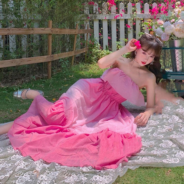 Lovely Amazing Off Shoulder Gradient Color Change Long Tube Top Ruffle Hem Dress