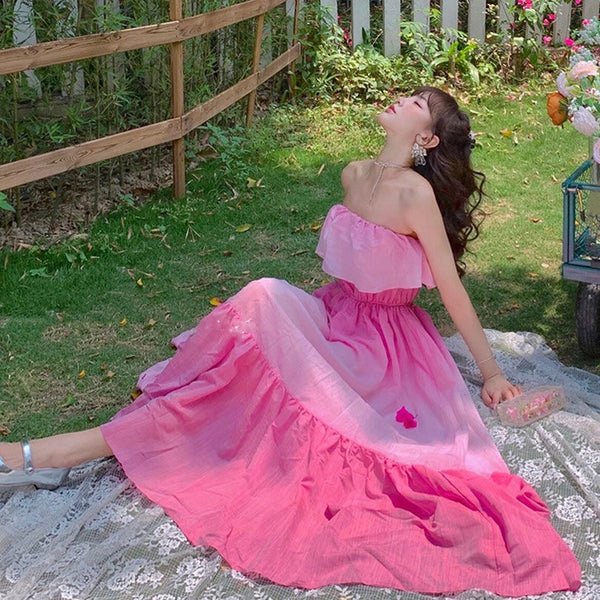 Lovely Amazing Off Shoulder Gradient Color Change Long Tube Top Ruffle Hem Dress
