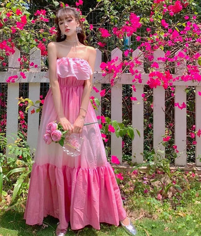 Lovely Amazing Off Shoulder Gradient Color Change Long Tube Top Ruffle Hem Dress