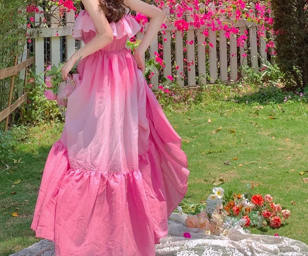 Lovely Amazing Off Shoulder Gradient Color Change Long Tube Top Ruffle Hem Dress