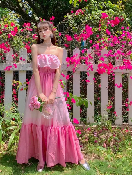Lovely Amazing Off Shoulder Gradient Color Change Long Tube Top Ruffle Hem Dress