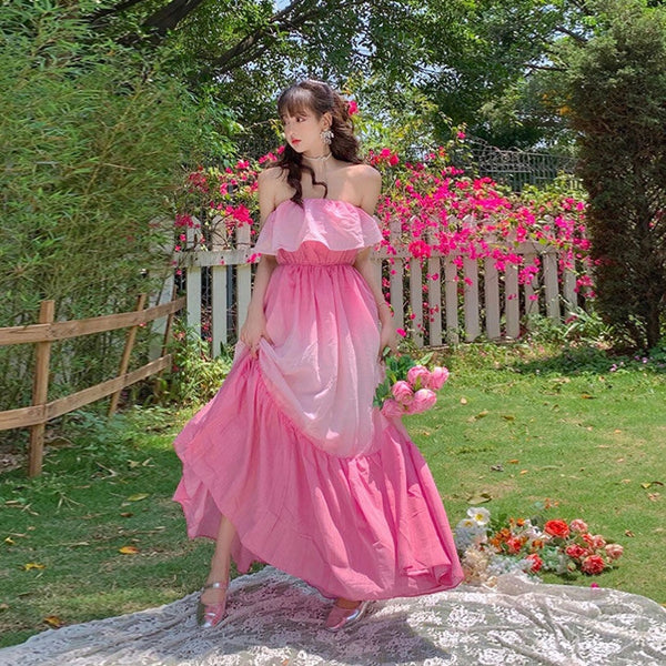 Lovely Amazing Off Shoulder Gradient Color Change Long Tube Top Ruffle Hem Dress