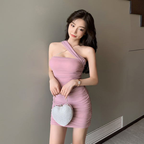 Sexy Homecoming Elastic Front Neck Cross Mini Open Back Pleated Mesh Fit Club Bodycon Dresses
