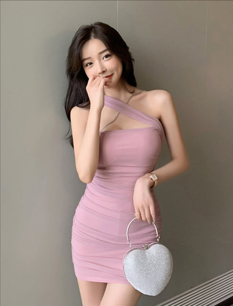 Sexy Homecoming Elastic Front Neck Cross Mini Open Back Pleated Mesh Fit Club Bodycon Dresses
