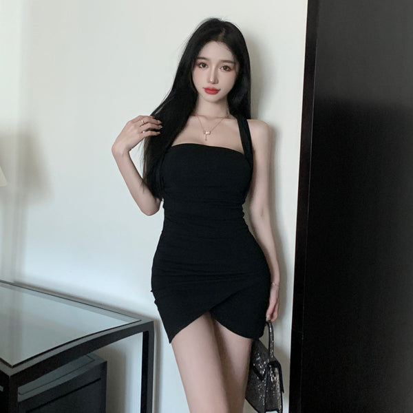 Resilient Sleeveless Halterneck Low Cut Night Meeting Open Back Front Split Hem Bodycon Dress