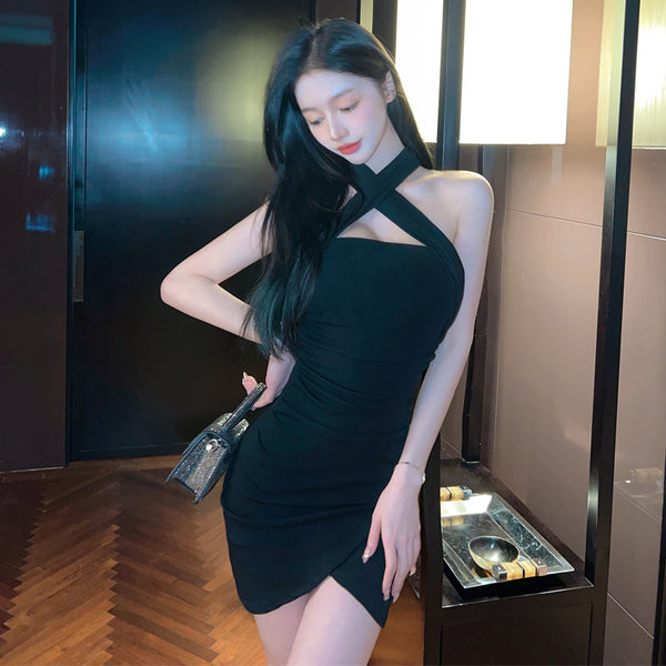 Resilient Sleeveless Halterneck Low Cut Night Meeting Open Back Front Split Hem Bodycon Dress