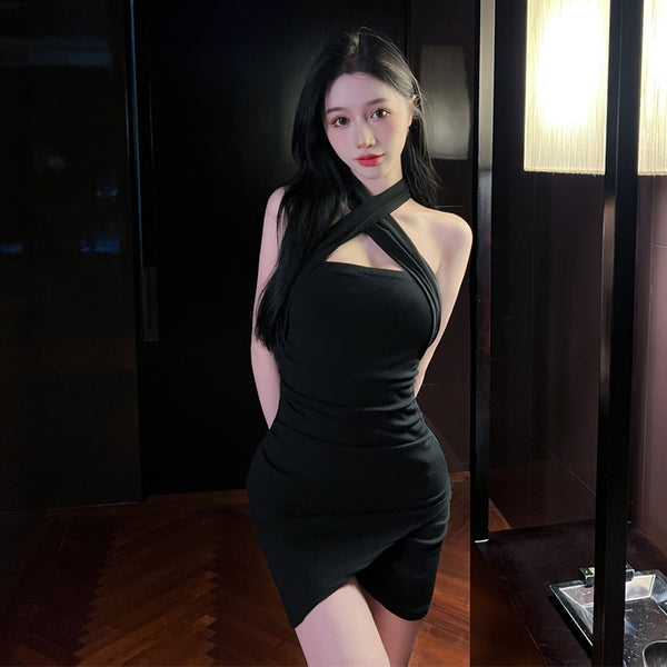 Resilient Sleeveless Halterneck Low Cut Night Meeting Open Back Front Split Hem Bodycon Dress