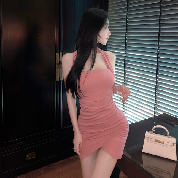 Resilient Sleeveless Halterneck Low Cut Night Meeting Open Back Front Split Hem Bodycon Dress