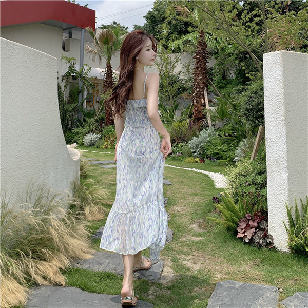 Beautiful Attractive Dream Tie Dye Spaghetti Strap Ruffle Layer Side Split Hem Dress