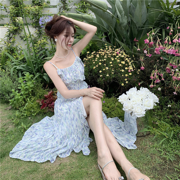 Beautiful Attractive Dream Tie Dye Spaghetti Strap Ruffle Layer Side Split Hem Dress